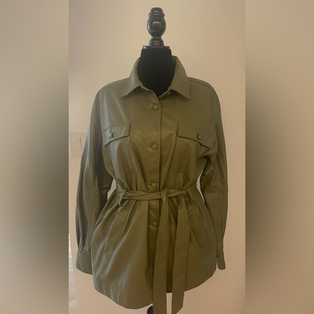 Olive Green Utility Jacket with Belted Waist and Shirt Collar